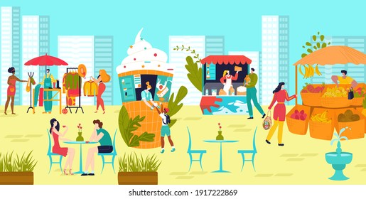 People male female character buy clothes, food street market and stall flat vector illustration. Urban background, city park with outdoor marketplace, international holiday fair place.