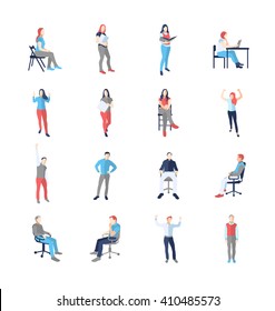 People, male, female, in different casual common poses - modern vector flat design isolated icons set. Standing, sitting, holding book, delight, success, at the computer