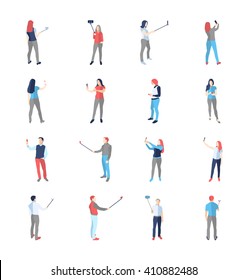 People, male, female, in different shooting selfy pictures poses - modern vector flat design isolated icons set. 