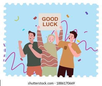 people male female give support hold poster good luck ribbon fall with flat style