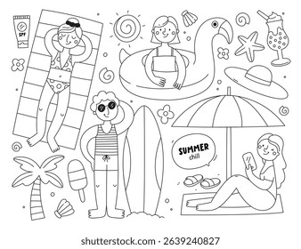 People male female tourist characters enjoying summer fun during holiday vacation at seaside line art set isolated on white. Restful time at tropical resort outline sketch vector illustration