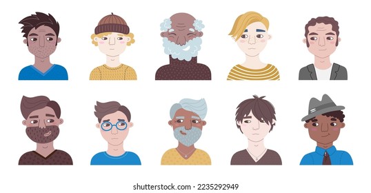 People male portrait set. Avatar collection of casual men different ages and nationalities. Vector cartoon illustrations isolated on white background. Bundle for representing person in social network.