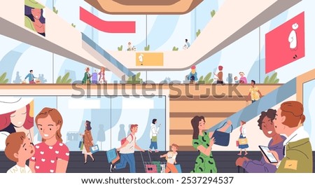 People mall interior. Consumers walking shopping inside modern public store department, joy talking shoppers purchase scene indoor urban supermarket hall classy vector illustration original artwork