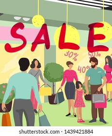 People in the mall shopping.Vector banner in flat cartoon style.