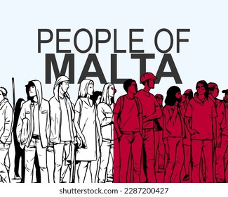 People of Malta with flag, silhouette of many people, banner of diversity or protest in Malta, group of person, society and audience concept, gathering idea