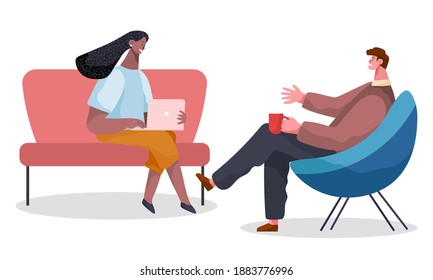 People man with coffe and woman with laptop are sitting in armchairs and talking. Office workers discussing matters. Business meeting and consideration of working issues. Friendly team conversation