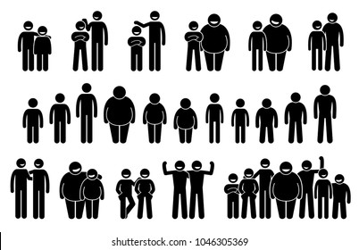 People and Man of Different Body Sizes and Heights Icons. Stick figures pictogram depict average, tall, short, fat, and thin body figures of human.
