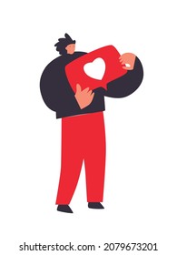 Gente, hombre portando como notificaciones. A los seguidores les gustan los medios sociales. Como un icono. Ilustración vectorial de dibujos animados planos. Como, evaluar en las redes sociales, chatear en el mensajero y comentarios.