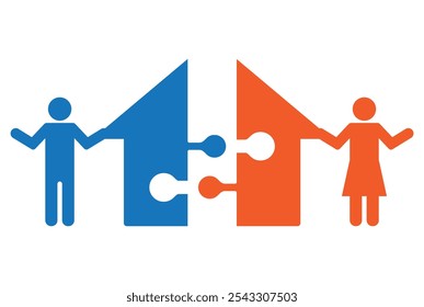 people man and woman assemble puzzle house shape teamwork icon