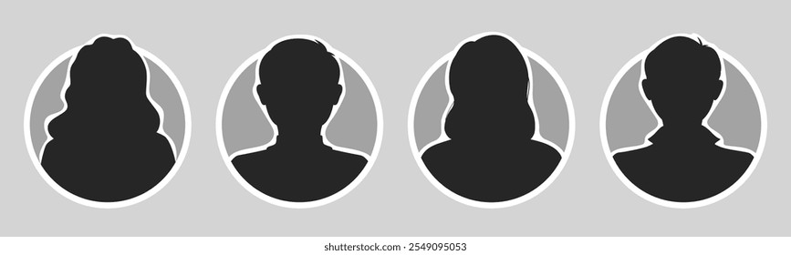 Avatares o perfiles de personas anónimas desconocidas. Personas, hombre, mujer. Retratos femeninos y masculinos. Siluetas delineadas en blanco y negro de personas sobre un fondo de círculo. Ilustración vectorial aislada