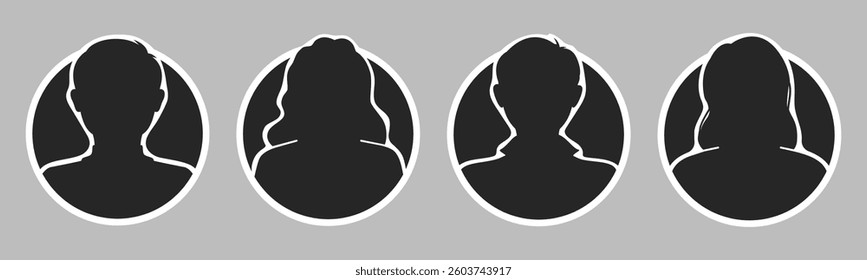 People, man, woman. Avatars profiles of unknown anonymous people. Female and male portraits. Black and white outlined silhouettes. Vector illustration isolated