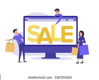 People, man and woman with bags for shopping. Discount sale concept with characters and computer. Can use for web banner, infographics, hero images. Modern UI vector illustration on white background.