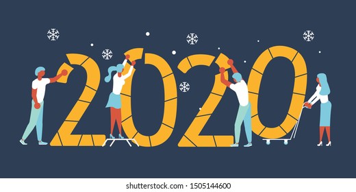 People, man and woman building a numbers 2020, in flat modern style. preparing to meet the new year. Office Team are preparing to meet the new year. Flat Art Vector illustration