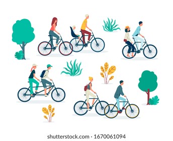 People man and woman cartoon characters riding bicycles set, flat vector illustration isolated on white background. Summer sports activity and leisure outdoor.