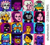 People man and woman character set pixel art flat style, girl, guy, avatar, social net portrait, profile picture. Design of 80s. Game assets. 8-bit. Isolated vector illustration background.