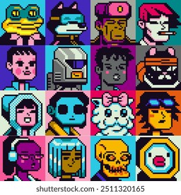 Pessoas homem e mulher definir pixel arte estilo plano, menina, cara, avatar, retrato de rede social, imagem de perfil. Design dos anos 80. Ativos do jogo. 8 bits. Plano de fundo de ilustração de vetor isolado.