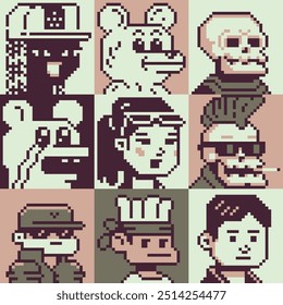 People man and woman character set pixel art flat style, girl, guy, avatar, portrait, profile picture. Design of 80s. Game assets. 8-bit. Isolated vector illustration background.