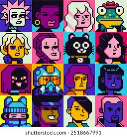 Pessoas homem e mulher definir pixel arte estilo plano, menina, cara, avatar, retrato de rede social, imagem de perfil. Design dos anos 80. Ativos do jogo. 8 bits. Plano de fundo de ilustração de vetor isolado.