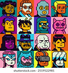 Pessoas homem e mulher definir pixel arte estilo plano, menina, cara, avatar, retrato de rede social, imagem de perfil. Design dos anos 80. Ativos do jogo. 8 bits. Plano de fundo de ilustração de vetor isolado.