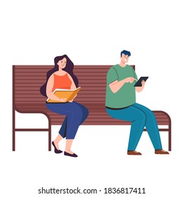 People man woman character sitting on bench. Vector flat graphic design illustration