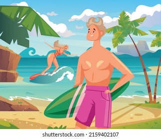 Menschen Mann Frau Charakter Surfen auf Strand Resort Konzept. Vektorgrafik-Design-Illustration