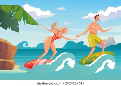 People man woman character surfing on beach sea resort concept. Vector flat cartoon graphic design illustration