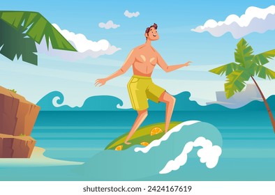 People man woman character surfing on beach sea resort concept. Vector flat cartoon graphic design illustration