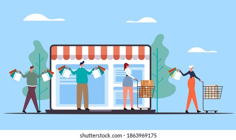 People man woman characters doing purchases and carrying bags. Online internet web shopping concept. Vector flat graphic design illustration