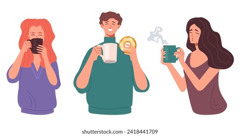 People man woman characters drinking coffee and eating sweet food isolated set collection. Vector flat graphic design illustration