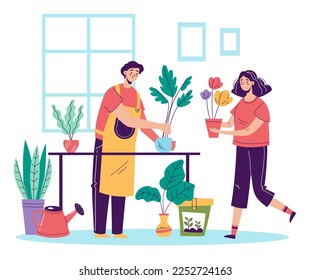 People man woman characters gardening watering and taking care home flowers plant. Doodle line art cute style concept set. Vector cartoon graphic design element illustration