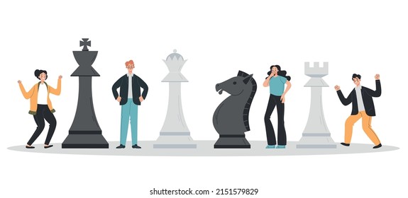 People man woman characters playing chess concept. Vector cartoon design illustration