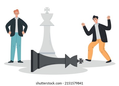 People man woman characters playing chess concept. Vector cartoon design illustration