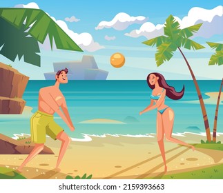 People man woman characters playing beach volleyball. Resort vacation sport concept. Vector flat cartoon graphic design illustration