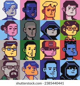 People man and woman characters set pixel art flat style, girl, guy, avatar, portrait, profile picture. Design of 80s. Game assets. 8-bit. Isolated vector illustration background.