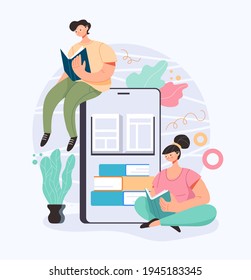 People man woman characters student reading book by smartphone. Internet online education concept. Vector cartoon flat graphic design illustration