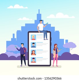 People man and woman characters talking by smart phone. Online communication dialog social network media concept. Vector design graphic flat cartoon isolated illustration
