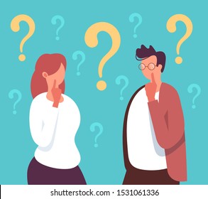 People man woman characters thinking together. Vector flat cartoon graphic design illustration