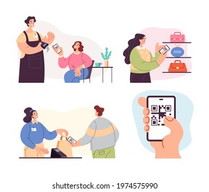 People man woman characters using phone to scan qr code and read information and pay. Online wireless payment system concept. Vector flat graphic design modern style illustration
