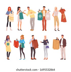 People man woman consumers characters trying clothes. Shopping concept. Vector flat graphic design cartoon illustration