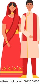 People man woman couple in culture dress from india, wife husband isolated on white, vector illustration. Indian sari and national costume design, ethnic family. Male traditional turban.