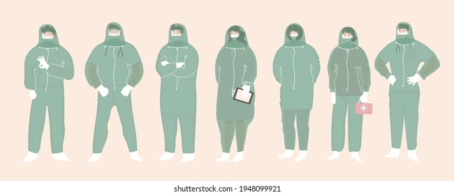 Personas, hombres y mujeres. Médicos con traje médico. Control de enfermedades. Ilustración vectorial. Cartel, impresión, diseño de tarjeta. Clínica, personal hospitalario. Lucha contra la pandemia.  