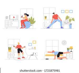 People, man and woman doing workout indoor, morning exercise. Sport exercise at home set.  Concept of yoga and fitness at home, healthy lifestyle. Vector illustration in flat style. 