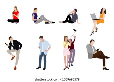 People man and woman with gadgets smartphones. Teenager and business woman or man with smartphone, laptop and other devices. Vector illustration
