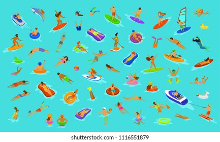 personas hombres y mujeres, niñas niños nadando en colchones flotantes, buceando en el mar, agua, piscina o océano. Vacaciones veraniegas de playa divertidas escenas de dibujos animados sobre fondo azul, ilustración vectorial