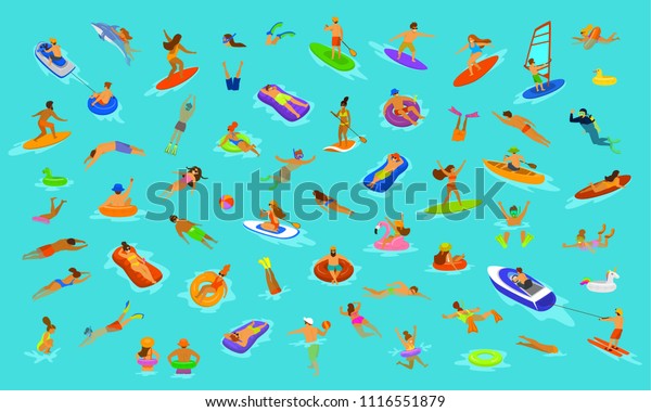 人々の男女 女の子の男の子がマットレスで泳ぎ 海 水 プール 海に飛び込む 青の背景に夏のビーチバケーションの楽しい漫画のシーン ベクターイラスト のベクター画像素材 ロイヤリティフリー