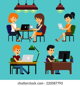 People man woman guy girl sitting on chair at table in front of computer laptop monitor and shining lamp cartoon flat design style