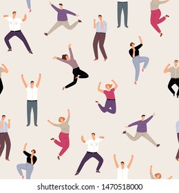 People Man And Woman Happy Jumping Seamless Pattern. People Happy Leap Energetic. Vector Illustration