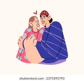 People man and woman hugging. Cartoon characters happy friends greet each other. Support, trust, attitude, love, positive emotions concept.