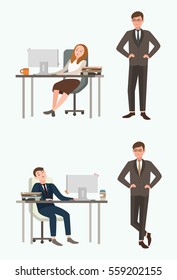 People (Man and woman) office workers sleep at work. Taken by surprise angry boss, chief. Colorful flat illustration.