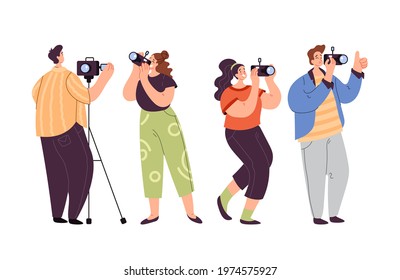 People man woman operator journalist paparazzi taking photo picture isolated set. Vector flat graphic design modern style illustration